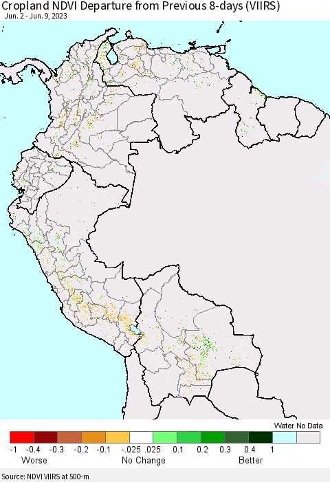 Northern South America Cropland NDVI Departure from Previous 8-days (VIIRS) Thematic Map For 6/2/2023 - 6/9/2023