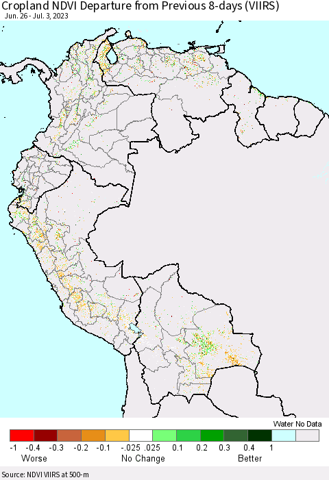 Northern South America Cropland NDVI Departure from Previous 8-days (VIIRS) Thematic Map For 6/26/2023 - 7/3/2023