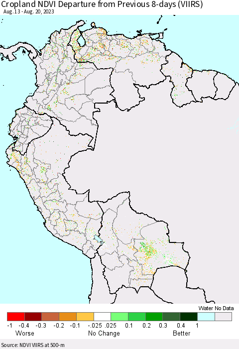 Northern South America Cropland NDVI Departure from Previous 8-days (VIIRS) Thematic Map For 8/13/2023 - 8/20/2023