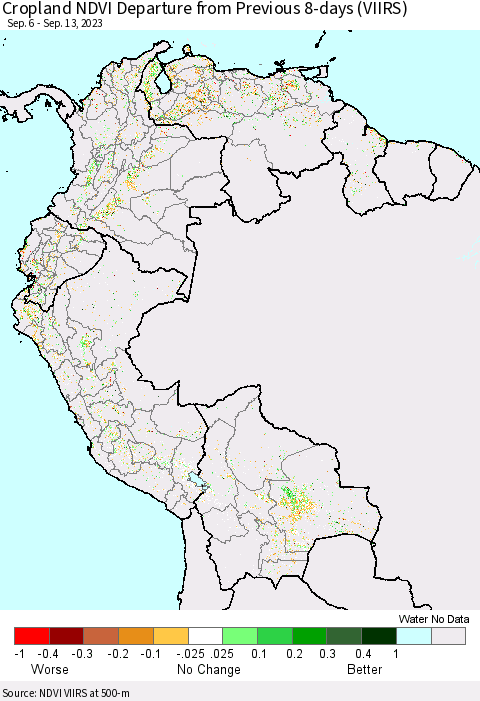 Northern South America Cropland NDVI Departure from Previous 8-days (VIIRS) Thematic Map For 9/6/2023 - 9/13/2023