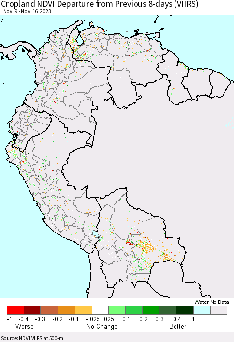 Northern South America Cropland NDVI Departure from Previous 8-days (VIIRS) Thematic Map For 11/9/2023 - 11/16/2023
