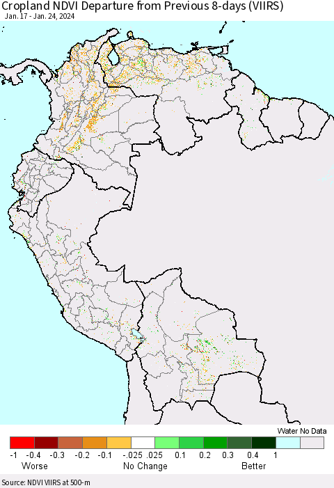 Northern South America Cropland NDVI Departure from Previous 8-days (VIIRS) Thematic Map For 1/17/2024 - 1/24/2024