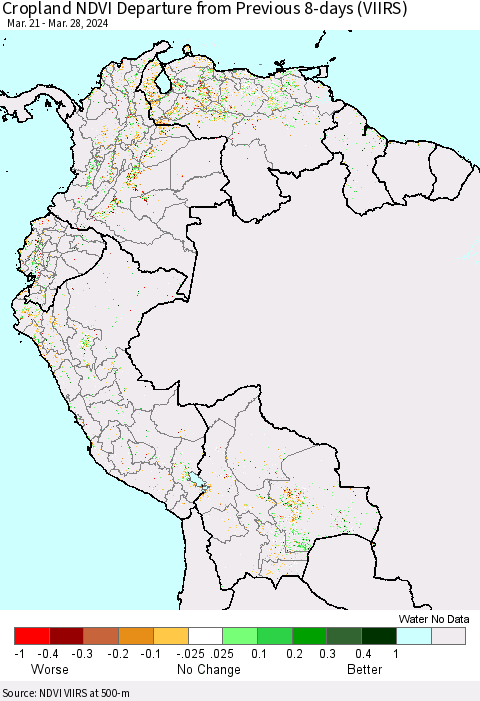 Northern South America Cropland NDVI Departure from Previous 8-days (VIIRS) Thematic Map For 3/21/2024 - 3/28/2024