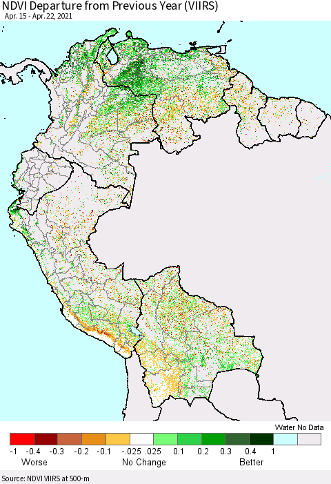 Northern South America NDVI Departure from Previous Year (VIIRS) Thematic Map For 4/15/2021 - 4/22/2021