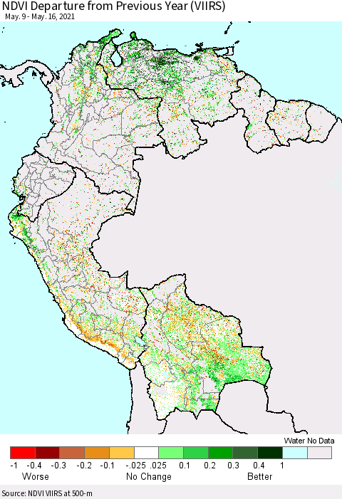 Northern South America NDVI Departure from Previous Year (VIIRS) Thematic Map For 5/9/2021 - 5/16/2021