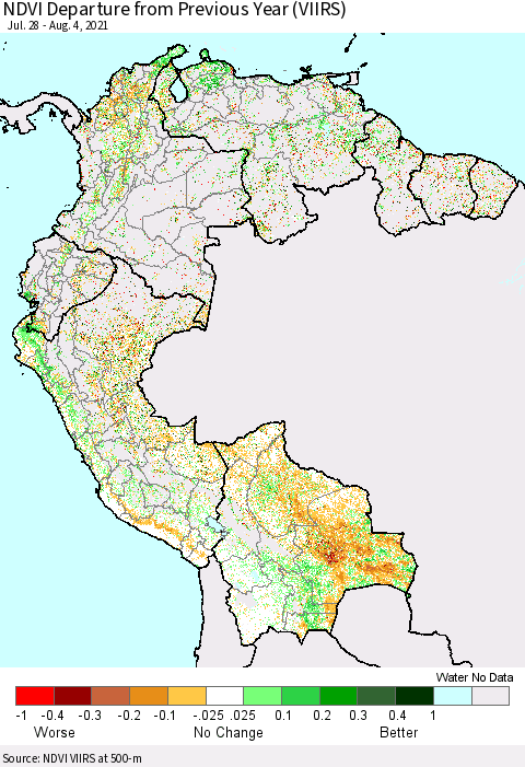 Northern South America NDVI Departure from Previous Year (VIIRS) Thematic Map For 7/28/2021 - 8/4/2021