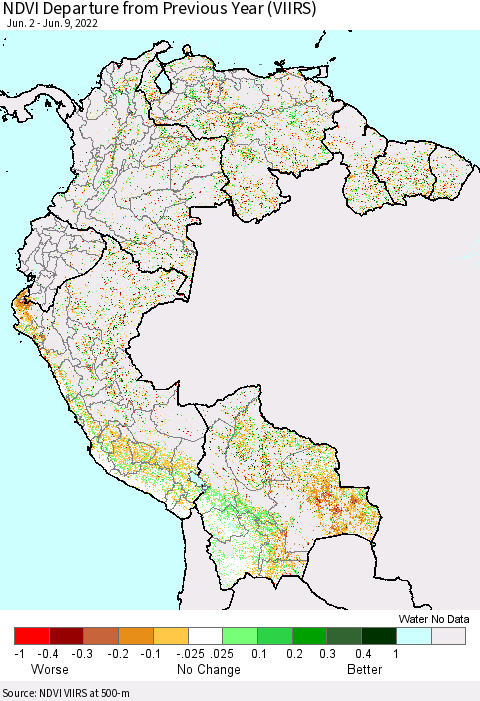 Northern South America NDVI Departure from Previous Year (VIIRS) Thematic Map For 6/2/2022 - 6/9/2022