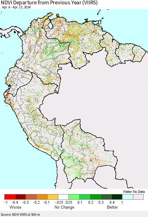 Northern South America NDVI Departure from Previous Year (VIIRS) Thematic Map For 4/6/2024 - 4/13/2024
