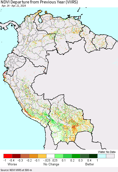 Northern South America NDVI Departure from Previous Year (VIIRS) Thematic Map For 4/14/2024 - 4/21/2024