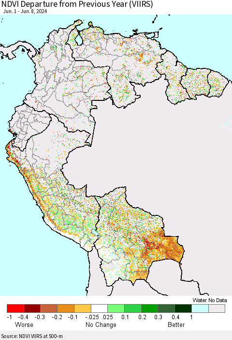 Northern South America NDVI Departure from Previous Year (VIIRS) Thematic Map For 6/1/2024 - 6/8/2024