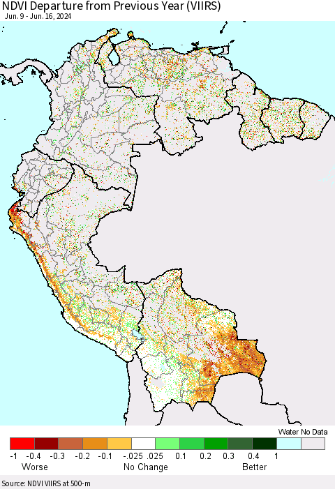 Northern South America NDVI Departure from Previous Year (VIIRS) Thematic Map For 6/9/2024 - 6/16/2024