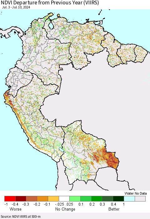 Northern South America NDVI Departure from Previous Year (VIIRS) Thematic Map For 7/3/2024 - 7/10/2024