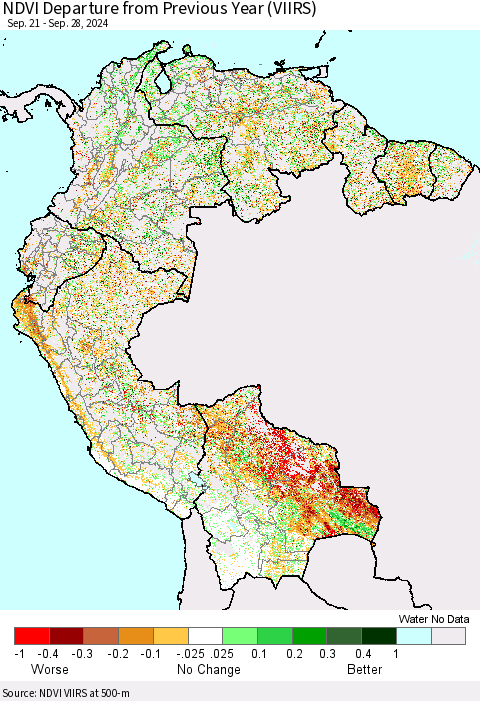 Northern South America NDVI Departure from Previous Year (VIIRS) Thematic Map For 9/21/2024 - 9/28/2024