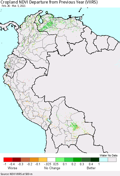 Northern South America Cropland NDVI Departure from Previous Year (VIIRS) Thematic Map For 2/26/2021 - 3/5/2021