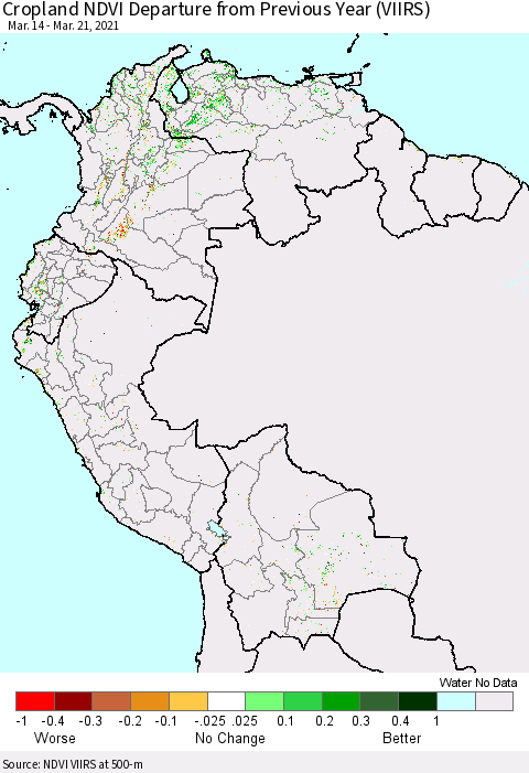Northern South America Cropland NDVI Departure from Previous Year (VIIRS) Thematic Map For 3/14/2021 - 3/21/2021