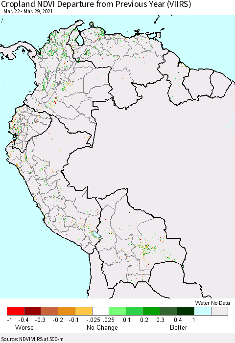 Northern South America Cropland NDVI Departure from Previous Year (VIIRS) Thematic Map For 3/22/2021 - 3/29/2021