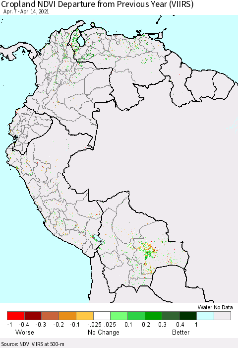 Northern South America Cropland NDVI Departure from Previous Year (VIIRS) Thematic Map For 4/7/2021 - 4/14/2021