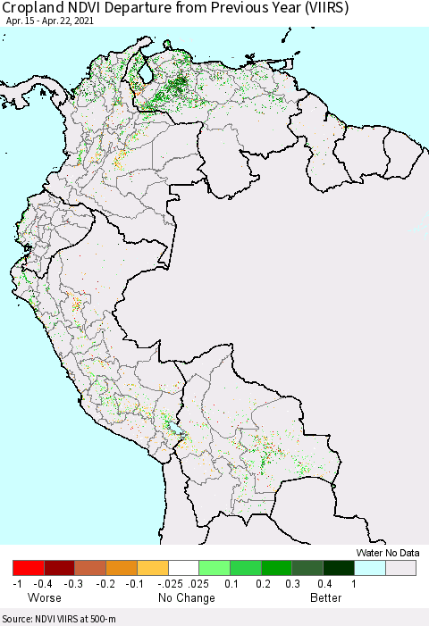 Northern South America Cropland NDVI Departure from Previous Year (VIIRS) Thematic Map For 4/15/2021 - 4/22/2021