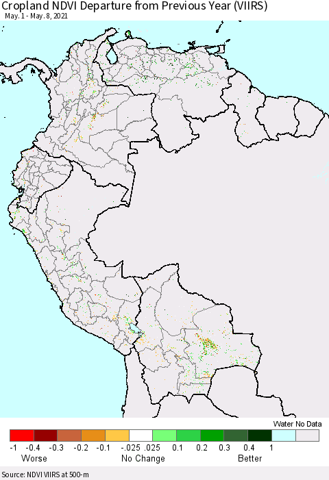 Northern South America Cropland NDVI Departure from Previous Year (VIIRS) Thematic Map For 5/1/2021 - 5/8/2021