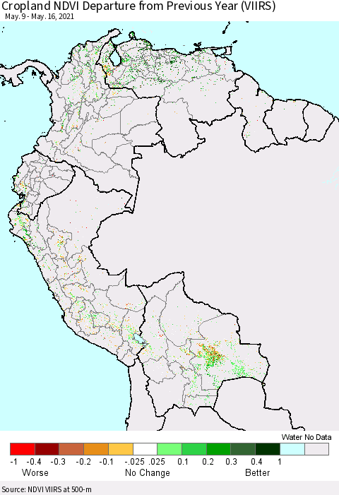 Northern South America Cropland NDVI Departure from Previous Year (VIIRS) Thematic Map For 5/9/2021 - 5/16/2021