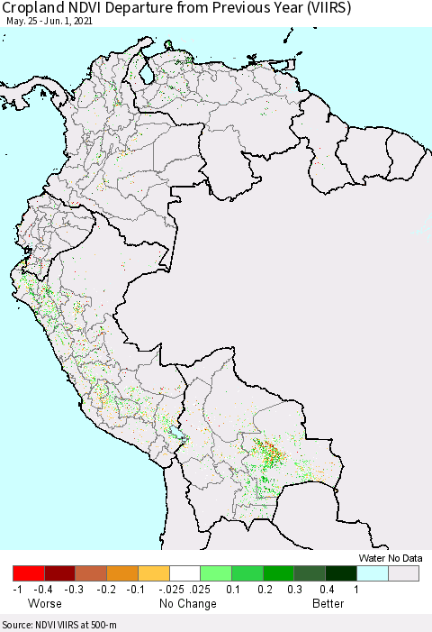 Northern South America Cropland NDVI Departure from Previous Year (VIIRS) Thematic Map For 5/25/2021 - 6/1/2021