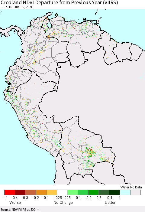 Northern South America Cropland NDVI Departure from Previous Year (VIIRS) Thematic Map For 6/10/2021 - 6/17/2021
