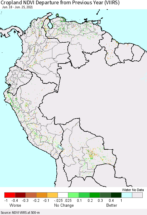Northern South America Cropland NDVI Departure from Previous Year (VIIRS) Thematic Map For 6/18/2021 - 6/25/2021