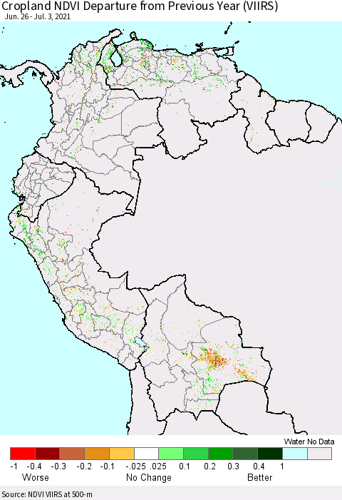 Northern South America Cropland NDVI Departure from Previous Year (VIIRS) Thematic Map For 6/26/2021 - 7/3/2021