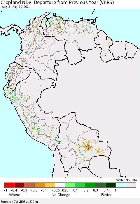 Northern South America Cropland NDVI Departure from Previous Year (VIIRS) Thematic Map For 8/5/2021 - 8/12/2021