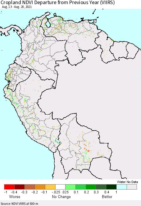 Northern South America Cropland NDVI Departure from Previous Year (VIIRS) Thematic Map For 8/11/2021 - 8/20/2021