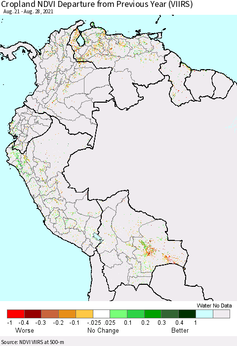 Northern South America Cropland NDVI Departure from Previous Year (VIIRS) Thematic Map For 8/21/2021 - 8/28/2021