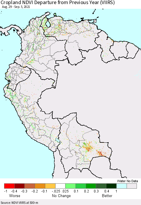 Northern South America Cropland NDVI Departure from Previous Year (VIIRS) Thematic Map For 8/29/2021 - 9/5/2021
