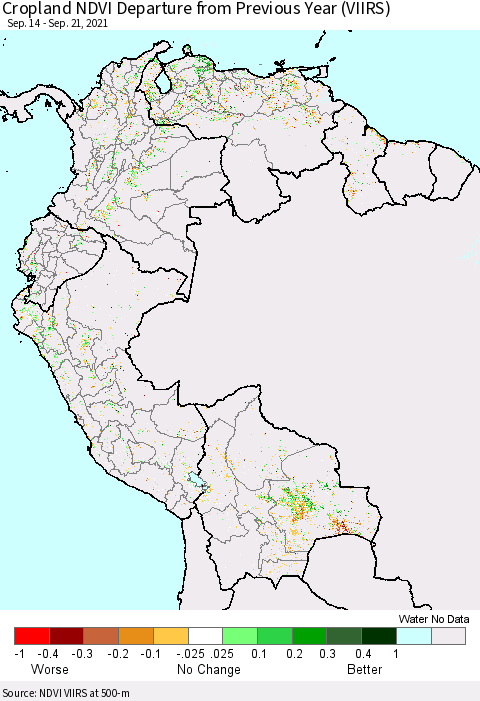 Northern South America Cropland NDVI Departure from Previous Year (VIIRS) Thematic Map For 9/14/2021 - 9/21/2021