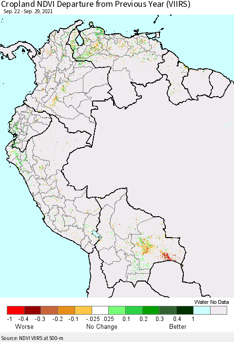 Northern South America Cropland NDVI Departure from Previous Year (VIIRS) Thematic Map For 9/22/2021 - 9/29/2021