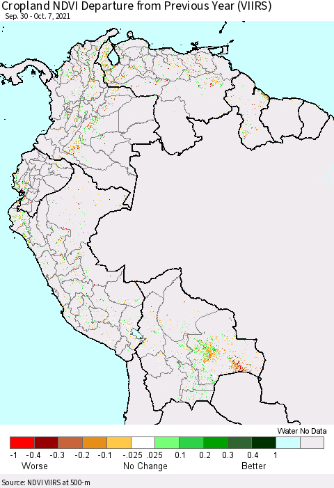 Northern South America Cropland NDVI Departure from Previous Year (VIIRS) Thematic Map For 9/30/2021 - 10/7/2021