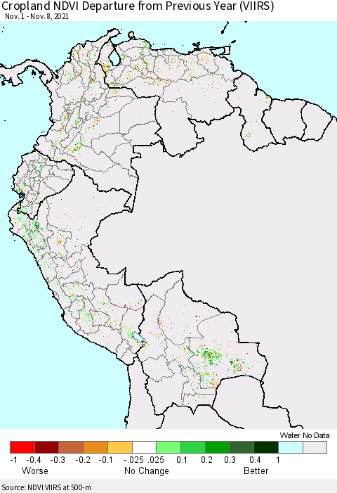 Northern South America Cropland NDVI Departure from Previous Year (VIIRS) Thematic Map For 11/1/2021 - 11/8/2021