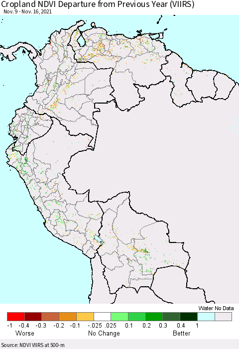 Northern South America Cropland NDVI Departure from Previous Year (VIIRS) Thematic Map For 11/9/2021 - 11/16/2021