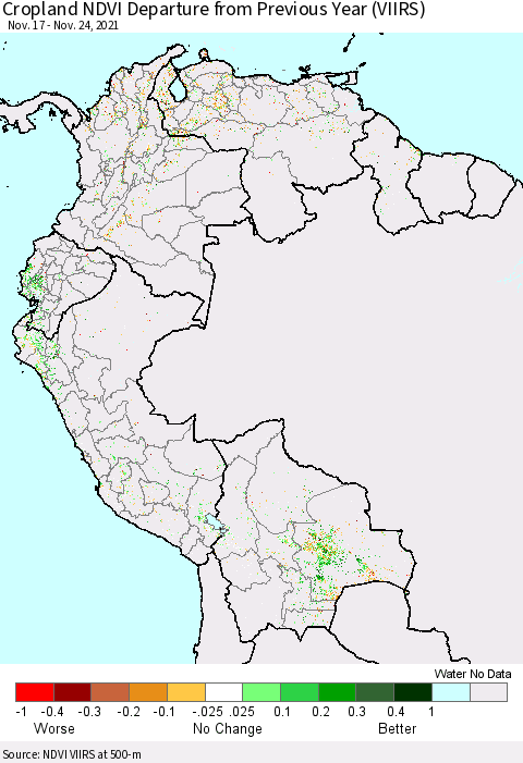 Northern South America Cropland NDVI Departure from Previous Year (VIIRS) Thematic Map For 11/17/2021 - 11/24/2021
