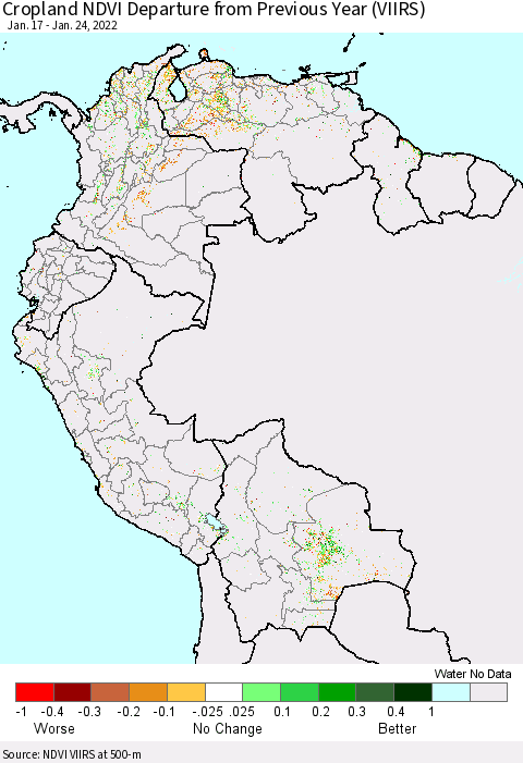 Northern South America Cropland NDVI Departure from Previous Year (VIIRS) Thematic Map For 1/17/2022 - 1/24/2022