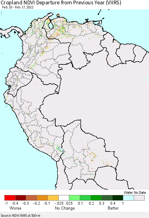 Northern South America Cropland NDVI Departure from Previous Year (VIIRS) Thematic Map For 2/10/2022 - 2/17/2022