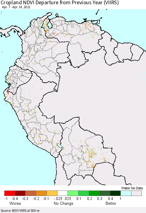 Northern South America Cropland NDVI Departure from Previous Year (VIIRS) Thematic Map For 4/7/2022 - 4/14/2022