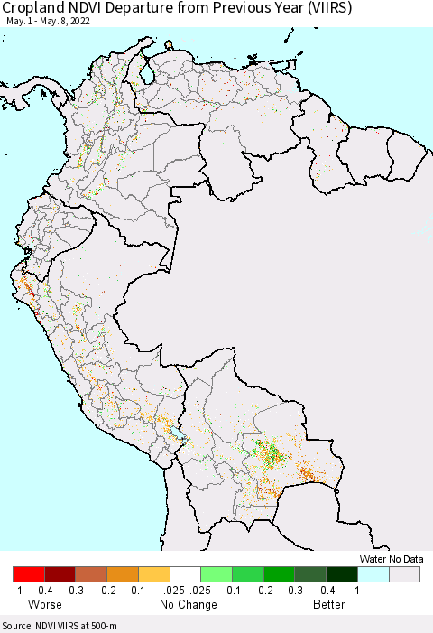 Northern South America Cropland NDVI Departure from Previous Year (VIIRS) Thematic Map For 5/1/2022 - 5/8/2022