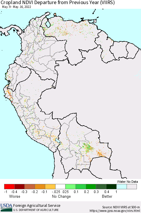 Northern South America Cropland NDVI Departure from Previous Year (VIIRS) Thematic Map For 5/11/2022 - 5/20/2022