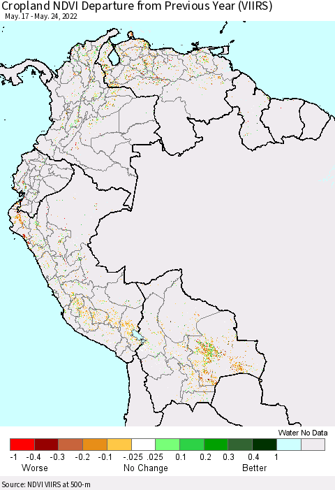 Northern South America Cropland NDVI Departure from Previous Year (VIIRS) Thematic Map For 5/17/2022 - 5/24/2022