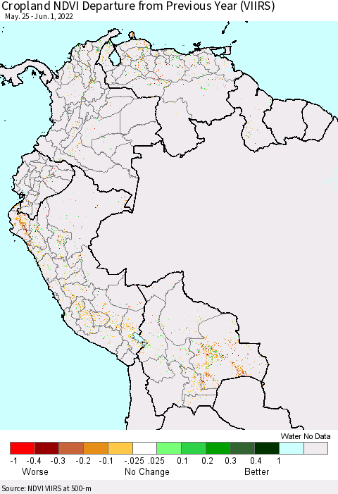 Northern South America Cropland NDVI Departure from Previous Year (VIIRS) Thematic Map For 5/25/2022 - 6/1/2022