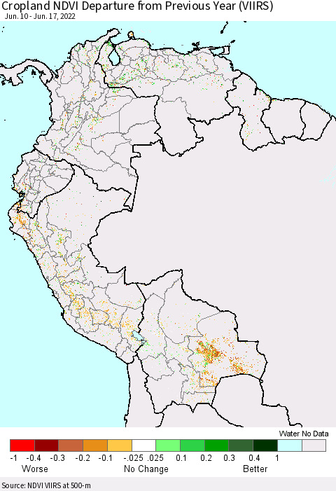Northern South America Cropland NDVI Departure from Previous Year (VIIRS) Thematic Map For 6/10/2022 - 6/17/2022