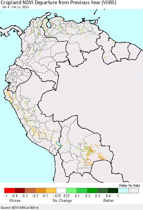 Northern South America Cropland NDVI Departure from Previous Year (VIIRS) Thematic Map For 7/4/2022 - 7/11/2022