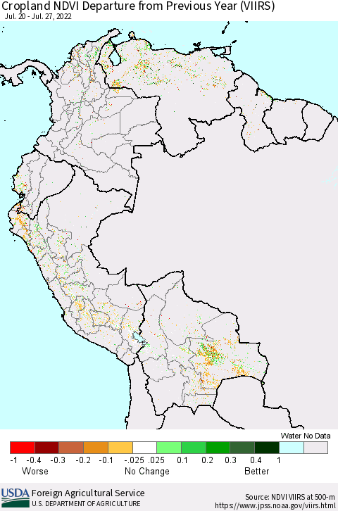 Northern South America Cropland NDVI Departure from Previous Year (VIIRS) Thematic Map For 7/21/2022 - 7/31/2022