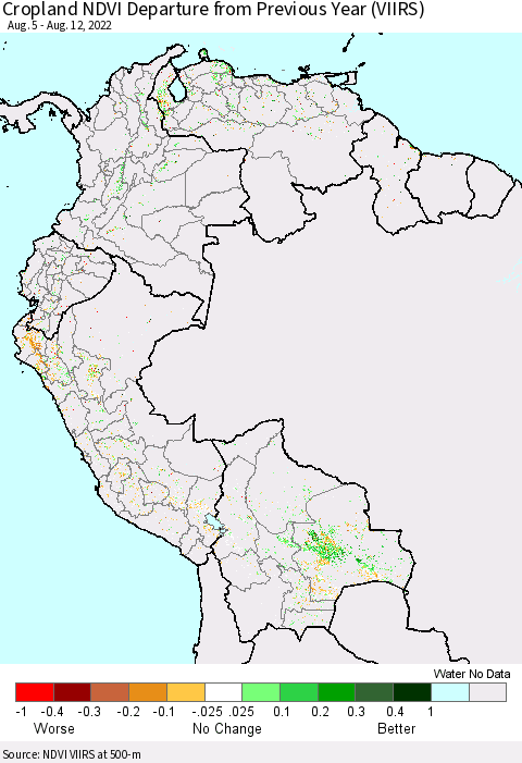 Northern South America Cropland NDVI Departure from Previous Year (VIIRS) Thematic Map For 8/5/2022 - 8/12/2022