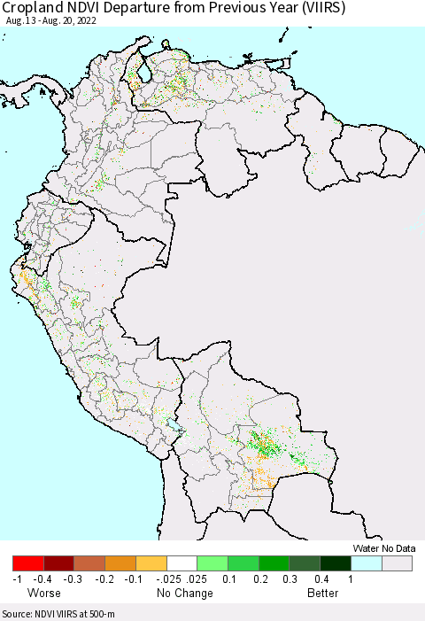 Northern South America Cropland NDVI Departure from Previous Year (VIIRS) Thematic Map For 8/11/2022 - 8/20/2022